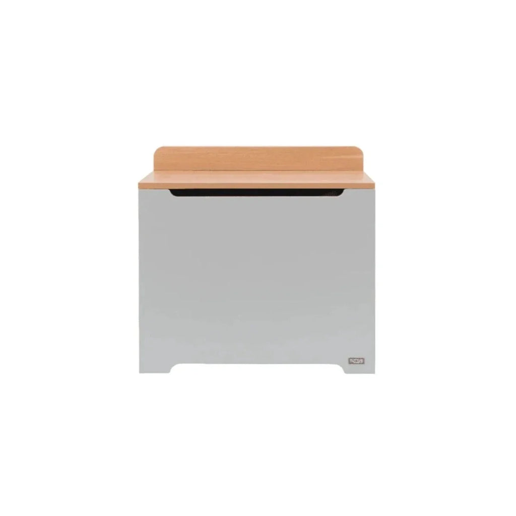 Dove grey toy box with honey oak top and black handle slot