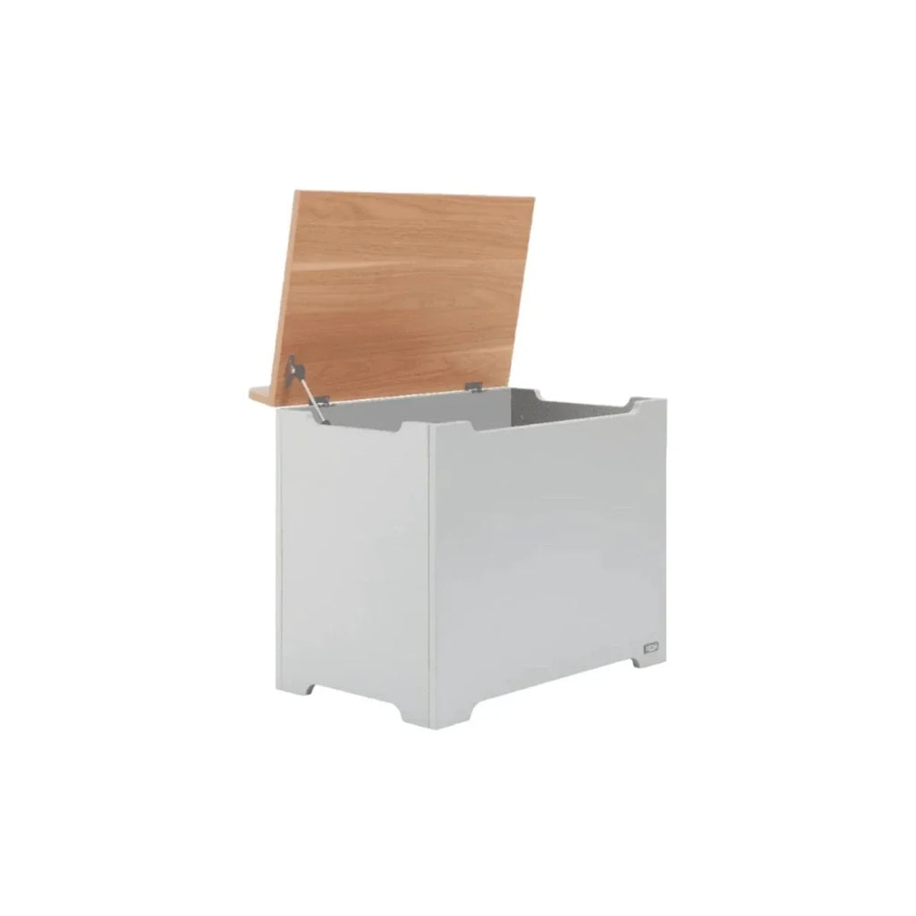 Dove grey toy box with honey oak lid open, showing interior storage