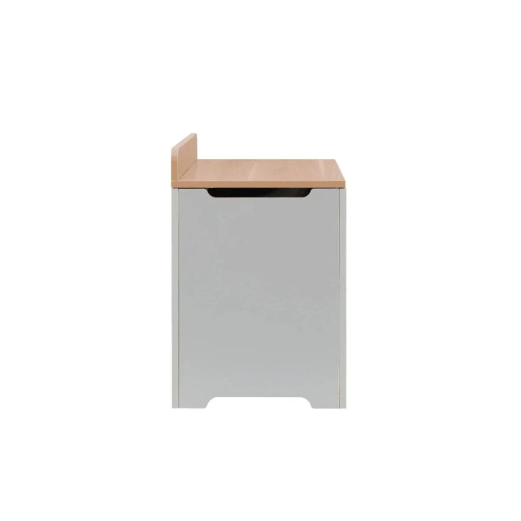 Dove grey toy box with honey oak top and black handle opening