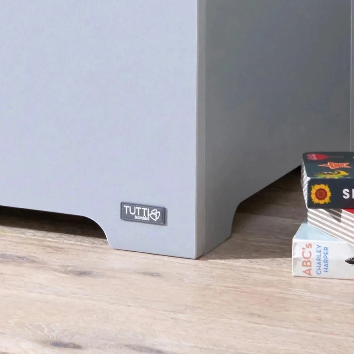 Dove grey toy box base corner with Tutti Bambini logo