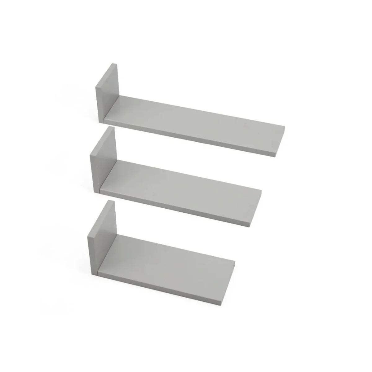 Three-piece L-shaped wall shelf set in dove grey with three stepped ledges