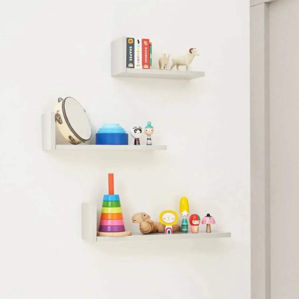 Three-piece L-shaped wall shelf set in dove grey, wall-mounted