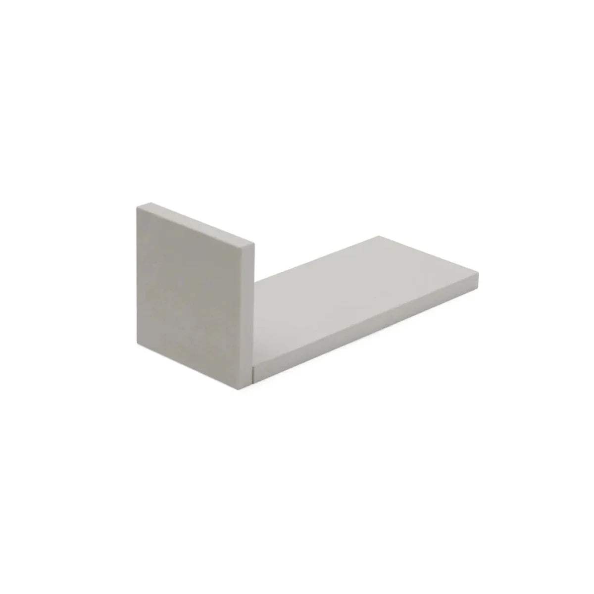 Dove grey L-shaped wall shelf with flat horizontal ledge and vertical end panel