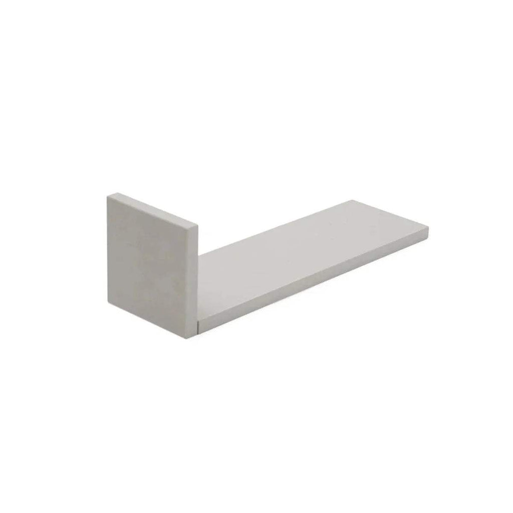Dove grey L-shaped wall shelf with smooth rectangular ledge and end panel