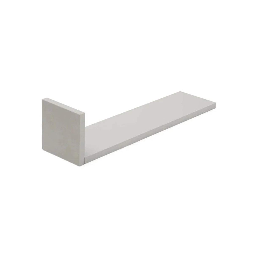 Dove grey L-shaped wall shelf with straight ledge and upright back panel