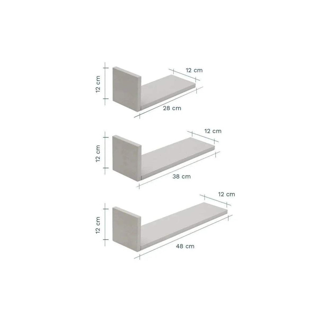 Dove grey L-shaped wall shelf set with size marks: 12 cm, 28/38/48 cm