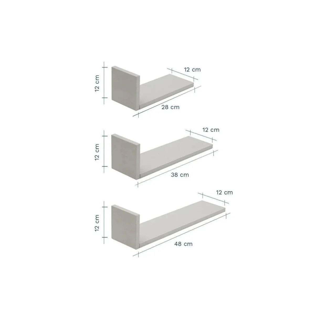 Dove grey L-shaped wall shelf set with size marks: 12 cm, 28/38/48 cm