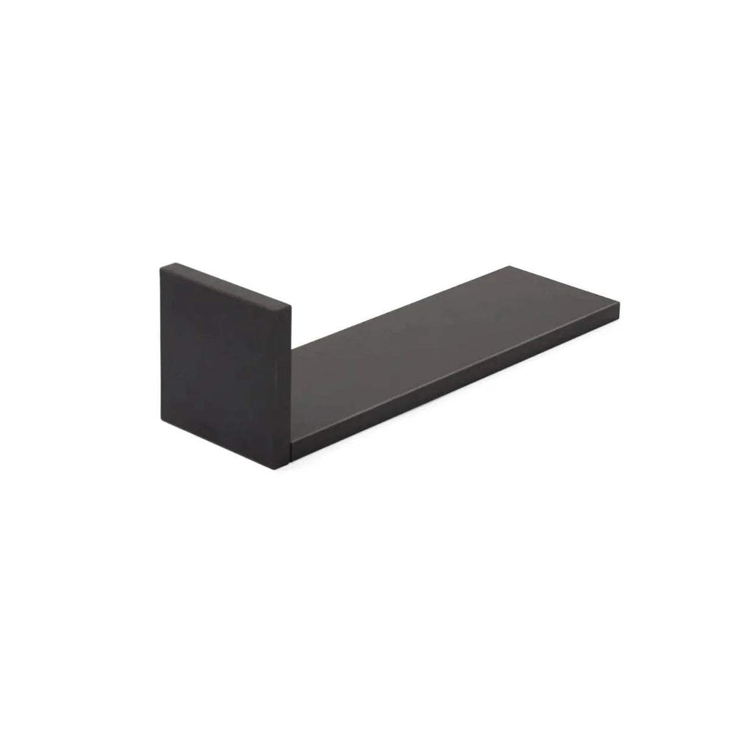 Slate grey L-shaped wall shelf with open front and flat top