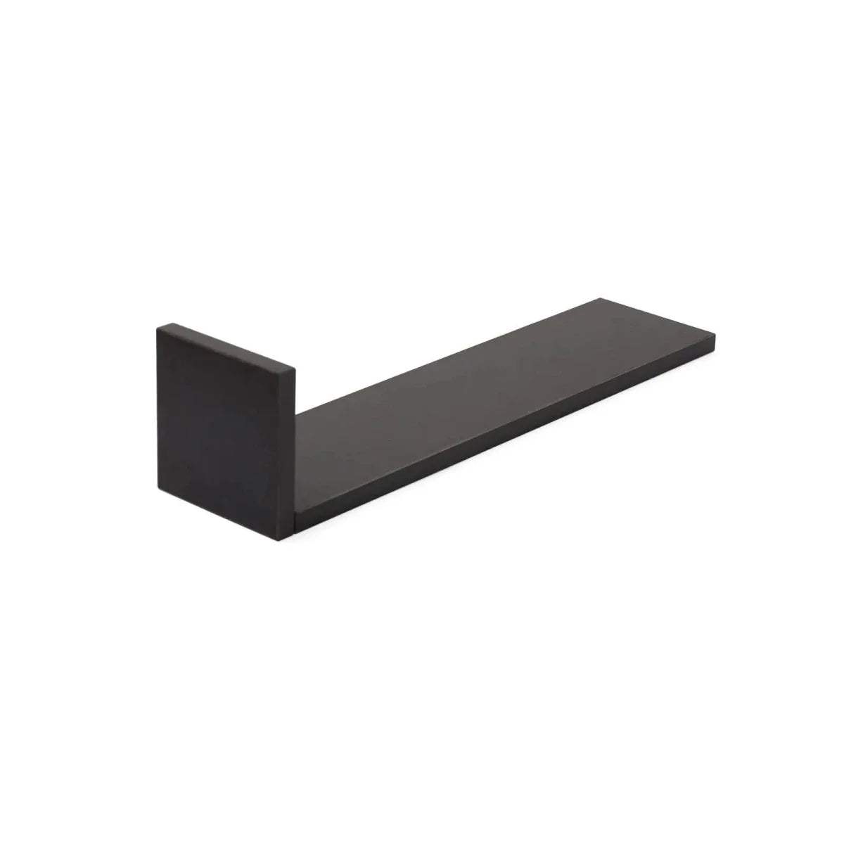 Slate grey L-shaped wall shelf with open box end and long top