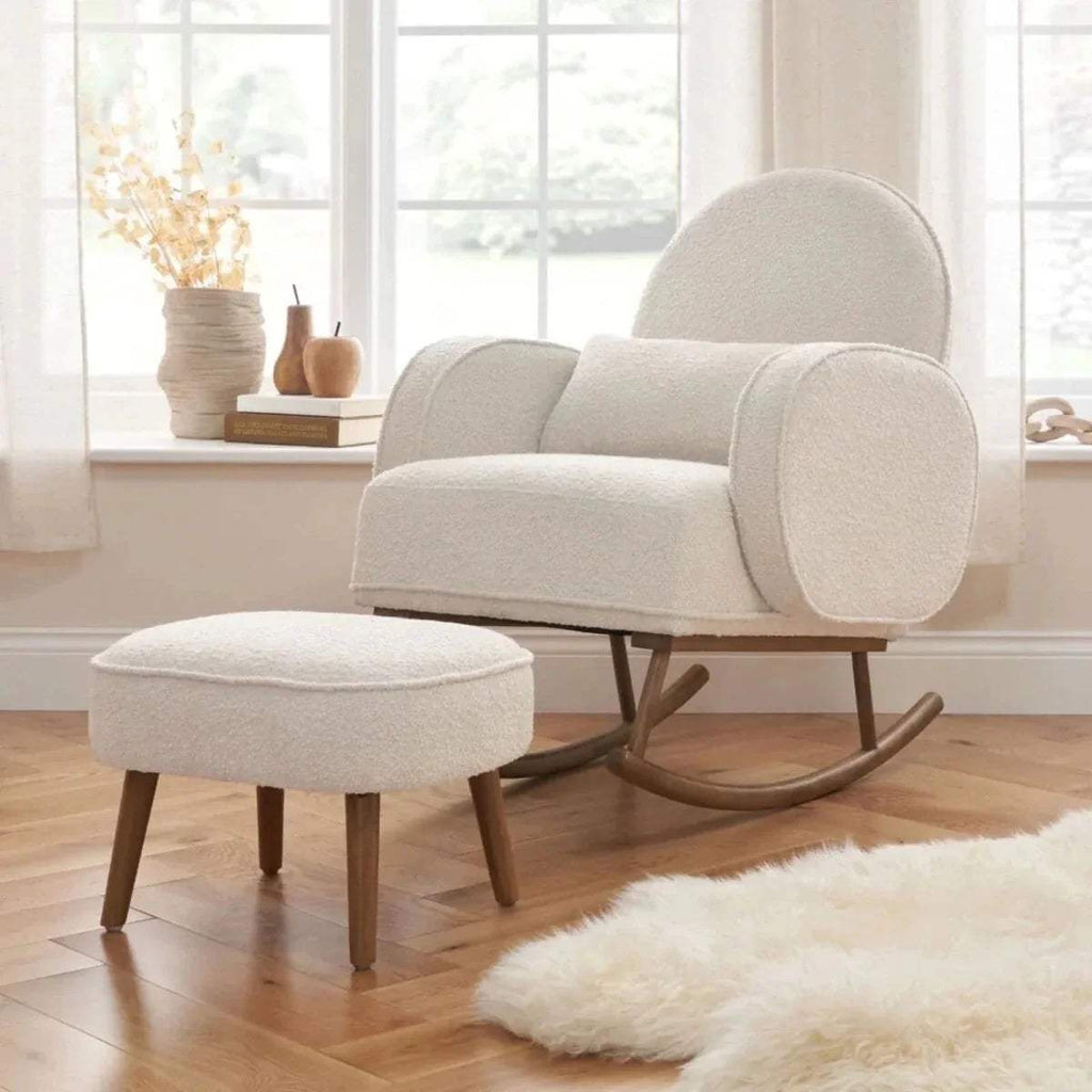 Boucle rocking chair and matching footstool, fresh cream upholstery, curved rocking base