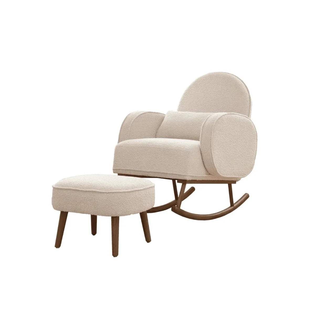 Fresh cream boucle rocking chair with footstool, rounded arms and back, rocking runners