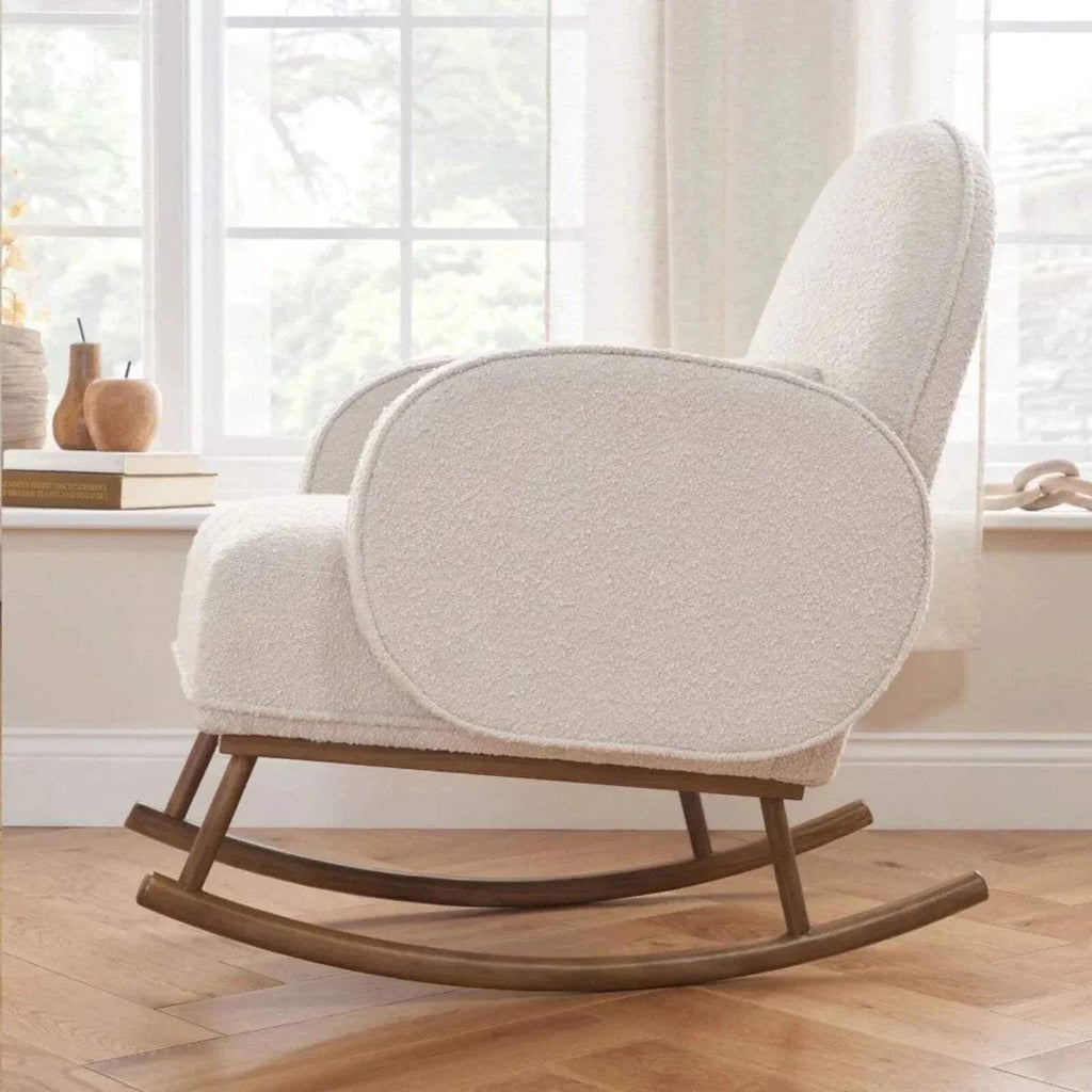 Fresh cream boucle rocking chair with round arm bolster and curved rocking base