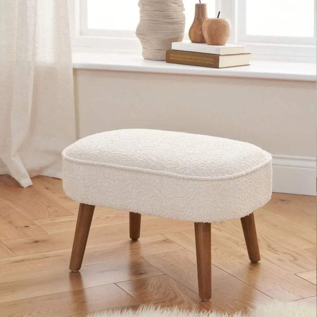 Fresh cream boucle footstool with rounded top and wooden legs