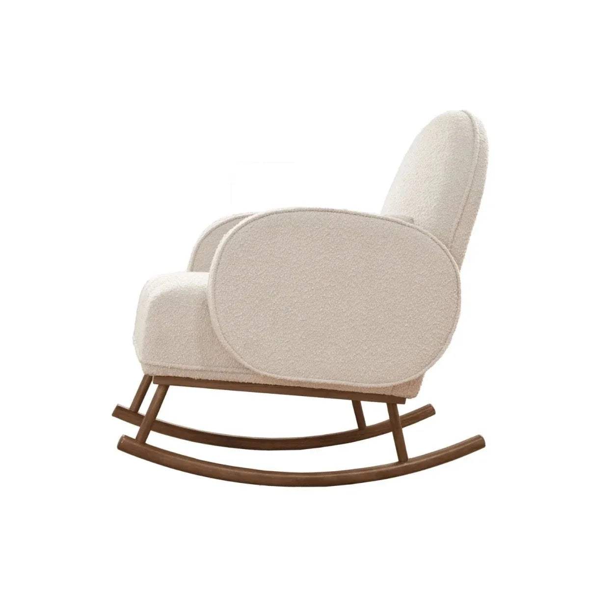 Fresh cream boucle rocking chair, side profile with curved runners and padded arm bolsters