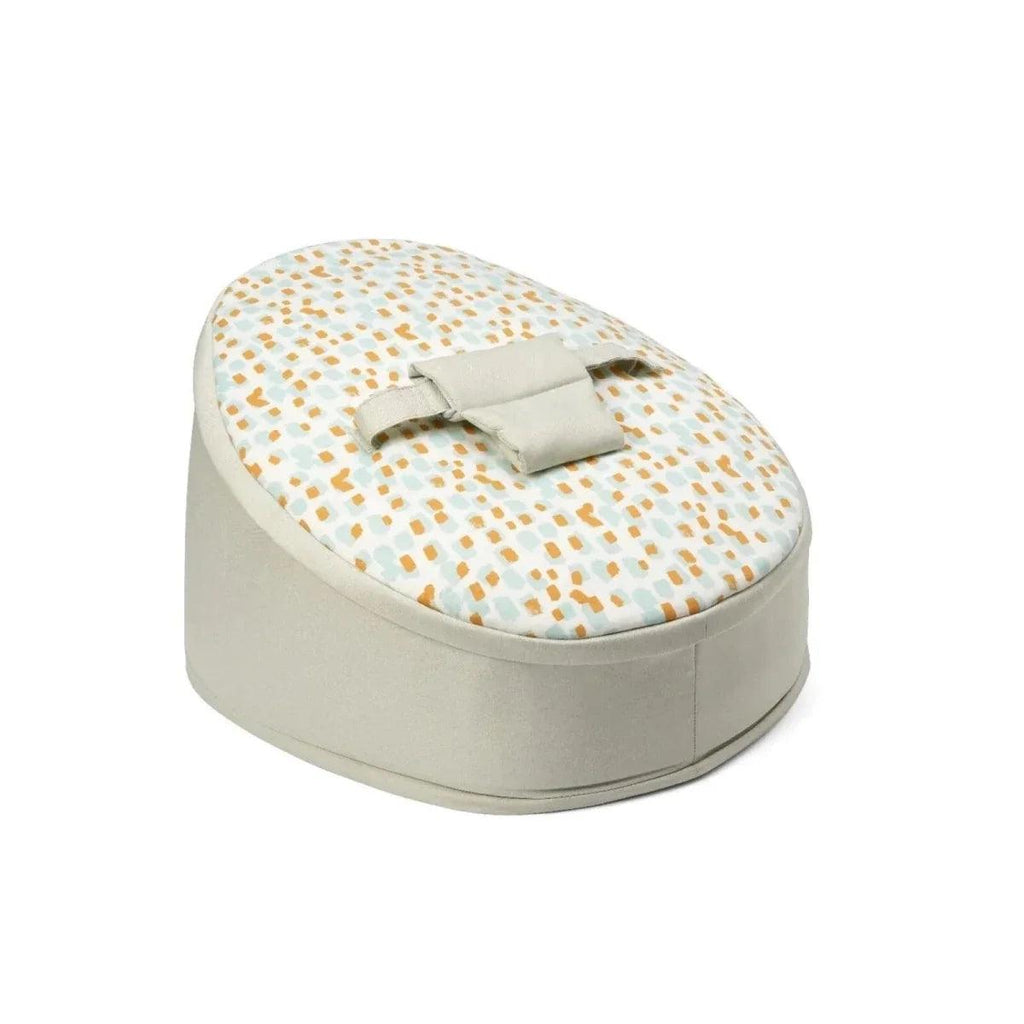 Baby beanbag, oval design, cream jungle animal print top on light gray cover
