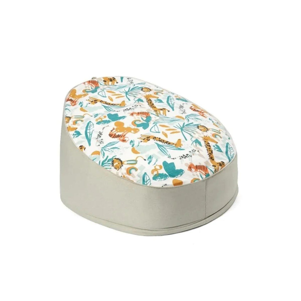 Baby beanbag with cream jungle animal print cover and light gray oval base