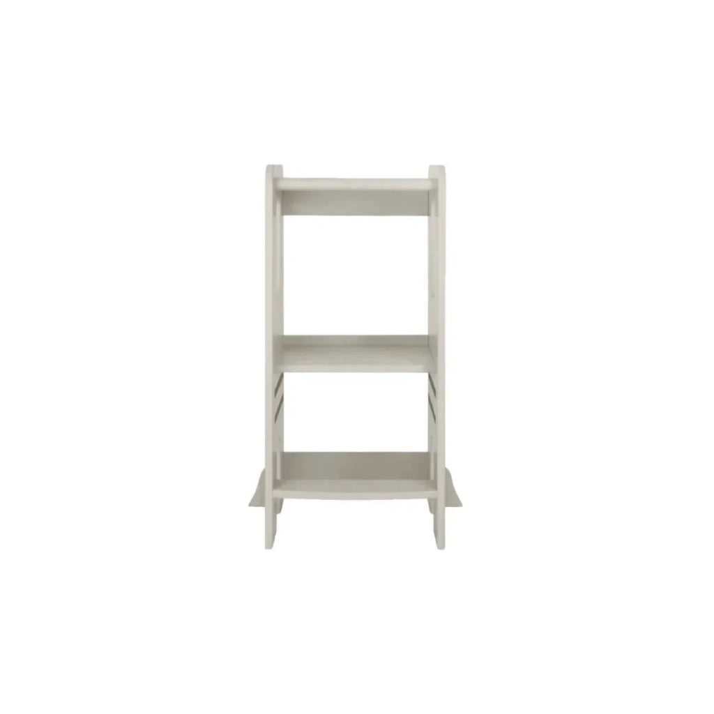 Light beige learning tower with open middle shelf and two front support legs