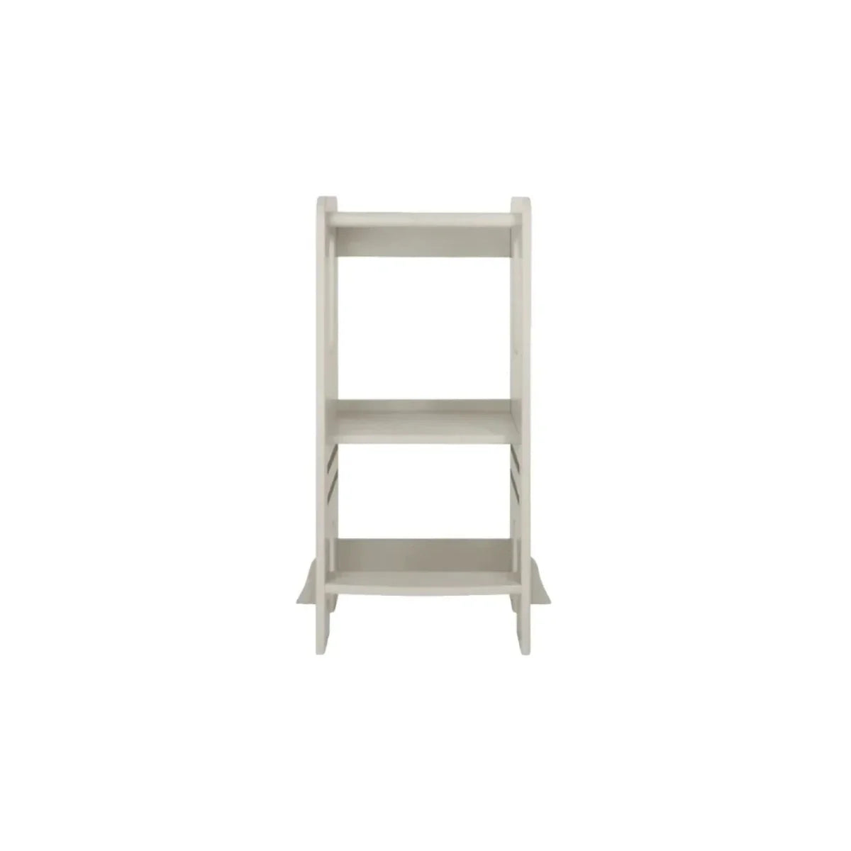 Light beige learning tower with open middle shelf and two front support legs