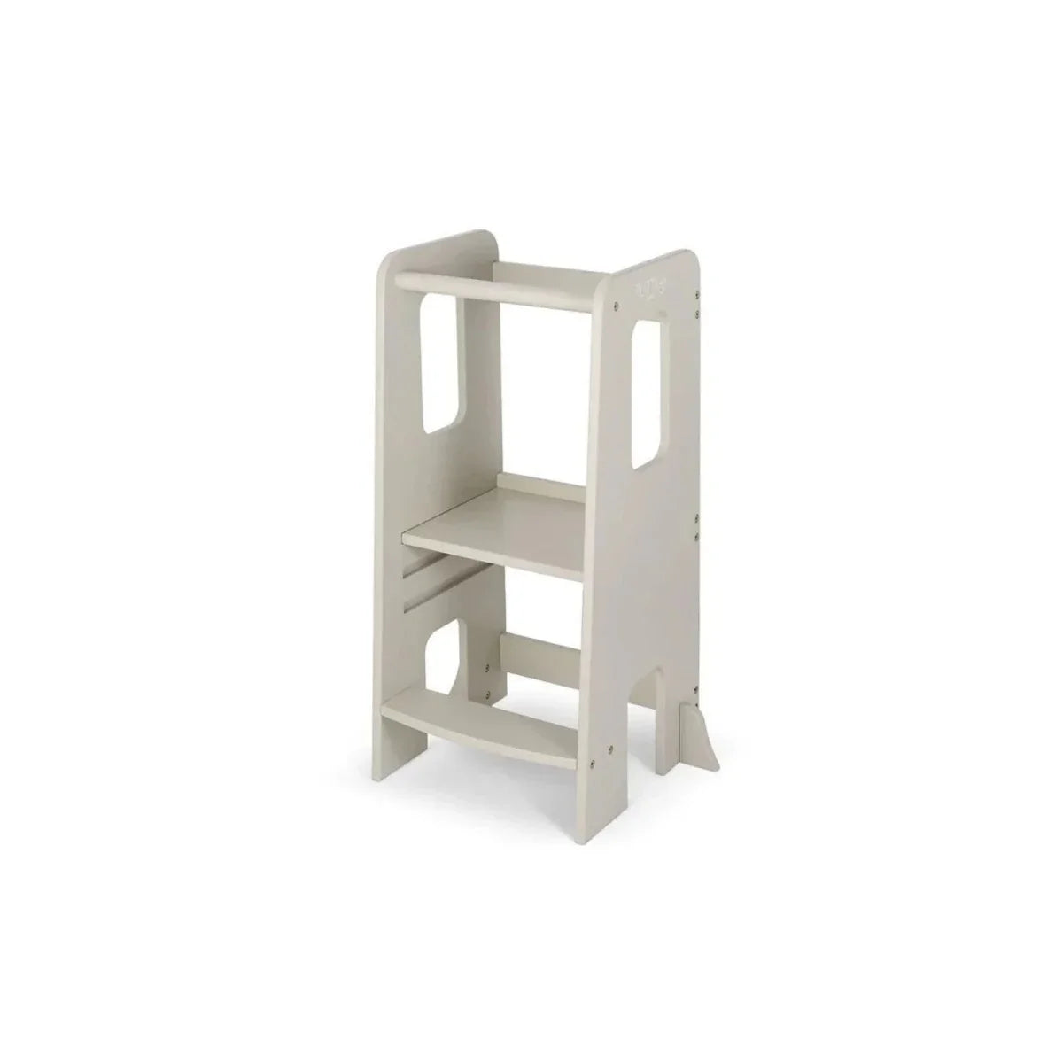Light beige Montessori-style learning tower with side cutouts and two interior shelves