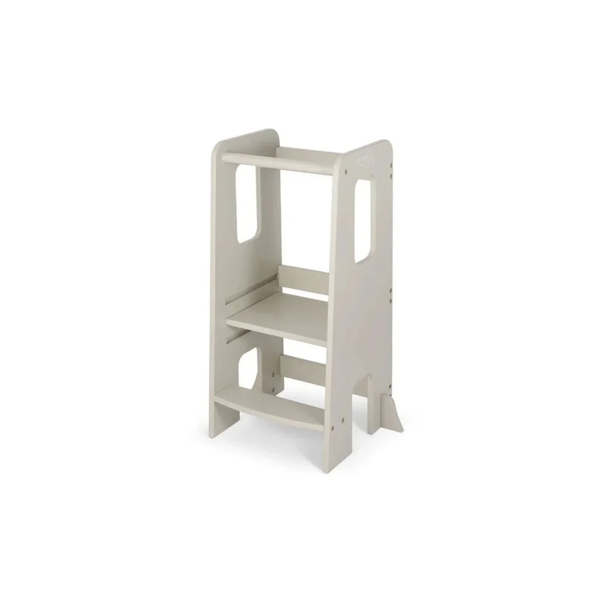 Light beige toddler learning tower viewed from the side with open step shelves