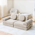 Kids play sofa with mushroom-beige fabric and rounded back cushions, Montessori-style set