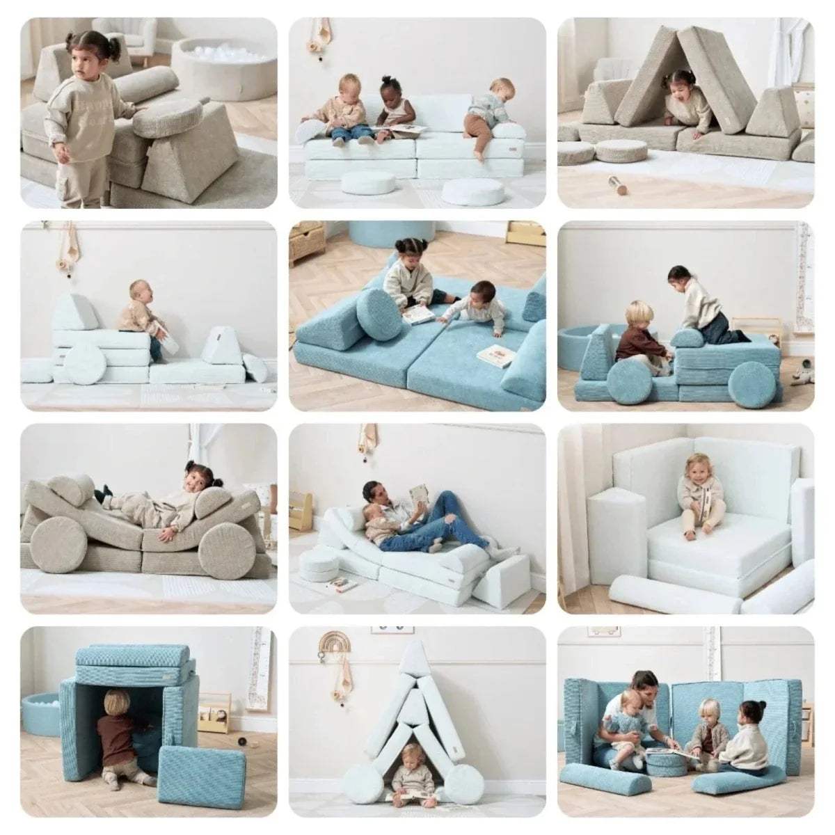Kids play sofa mushroom-beige, shown in multiple play positions with child accessories