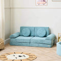 Kids play sofa with rounded armrests and two teal bolster cushions