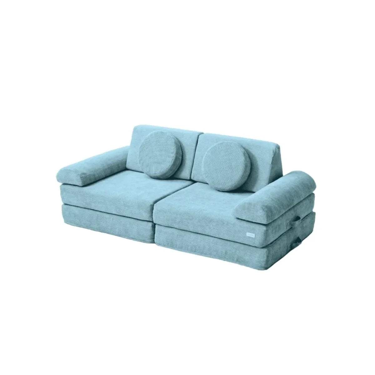 Kids play sofa with two bolster cushions and matching arm pads, teal fabric