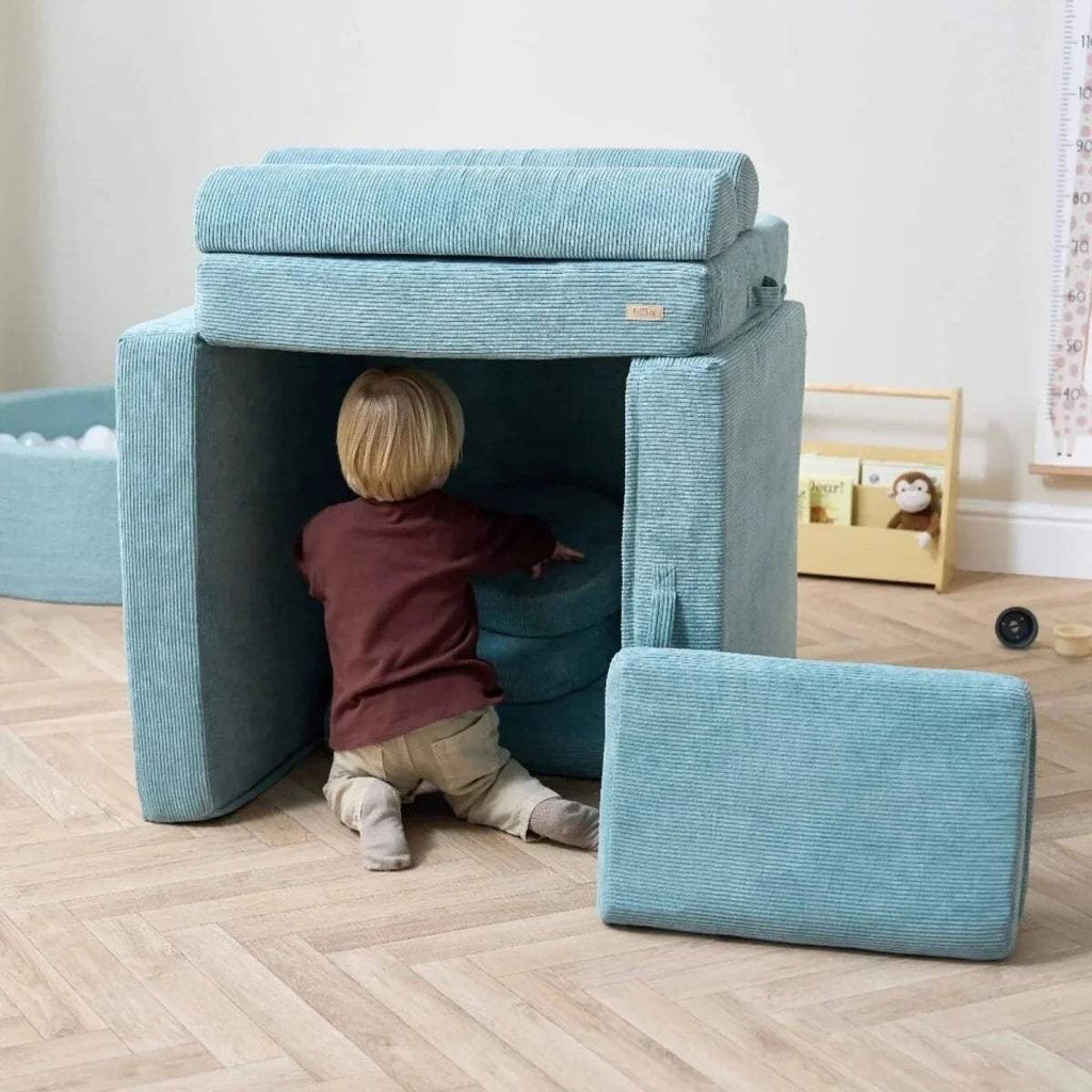Teal kids play sofa with open front playhouse top and detachable step stool cushion