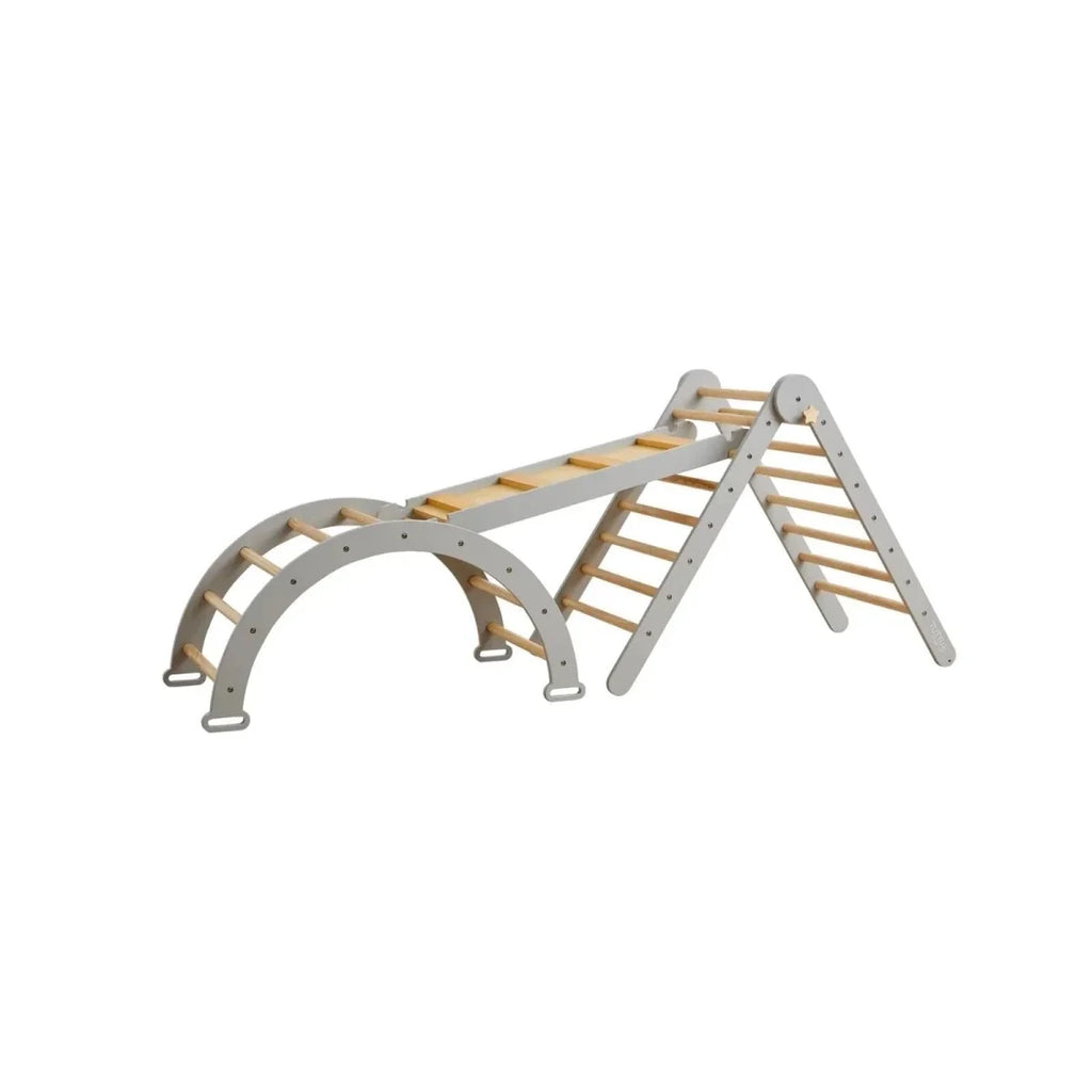 Montessori pikler climbing frame with gray arches and wooden ladder rungs