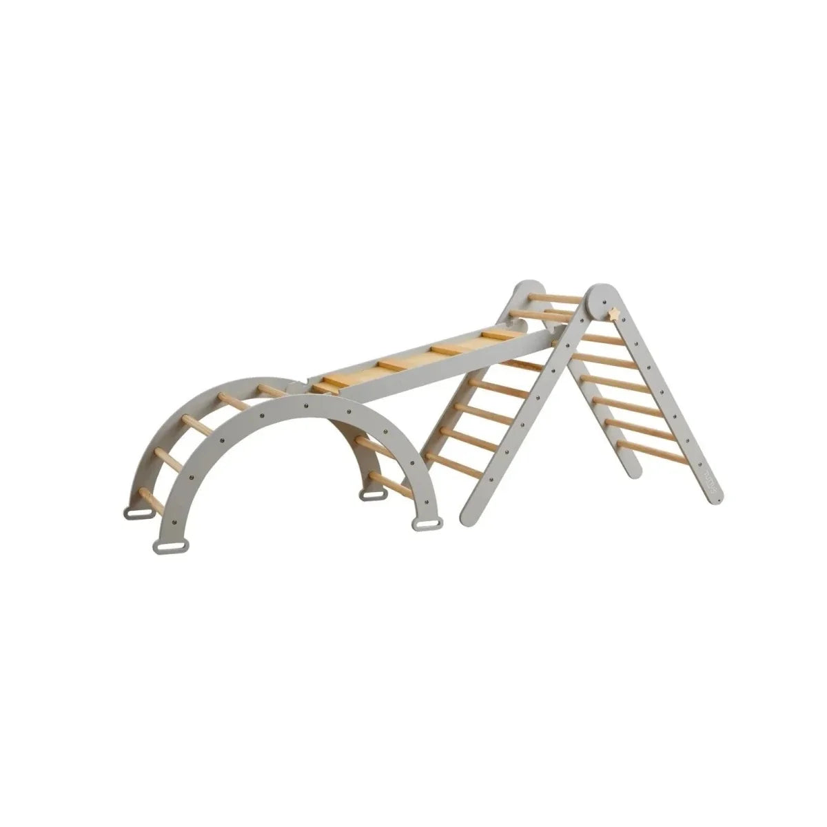 Montessori pikler climbing frame with gray arches and wooden ladder rungs