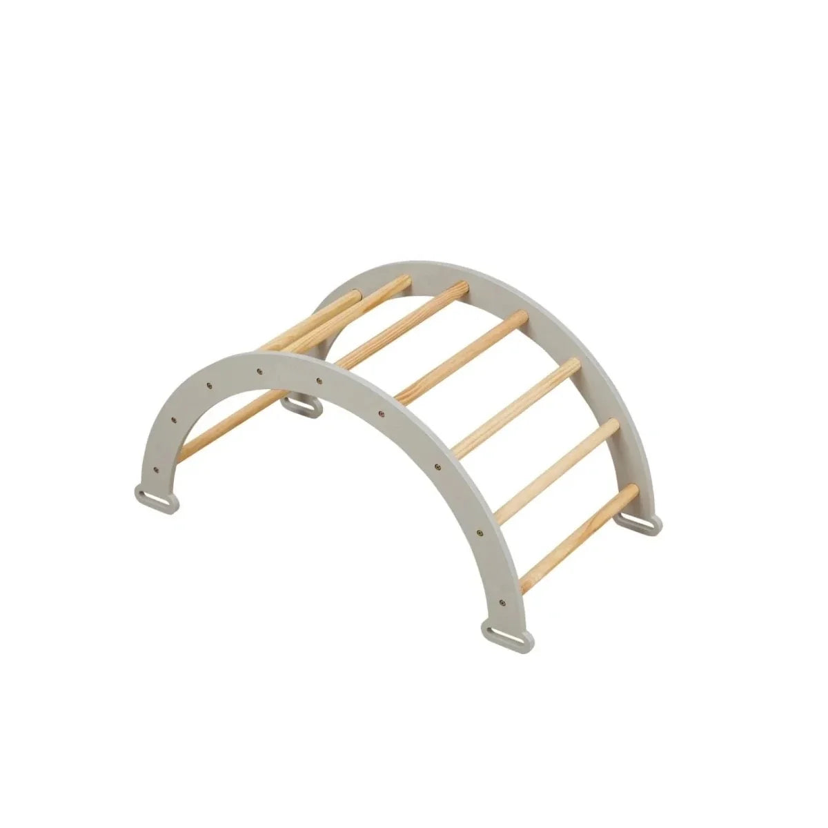 Gray arched base piece with wooden rungs for a Montessori climbing frame
