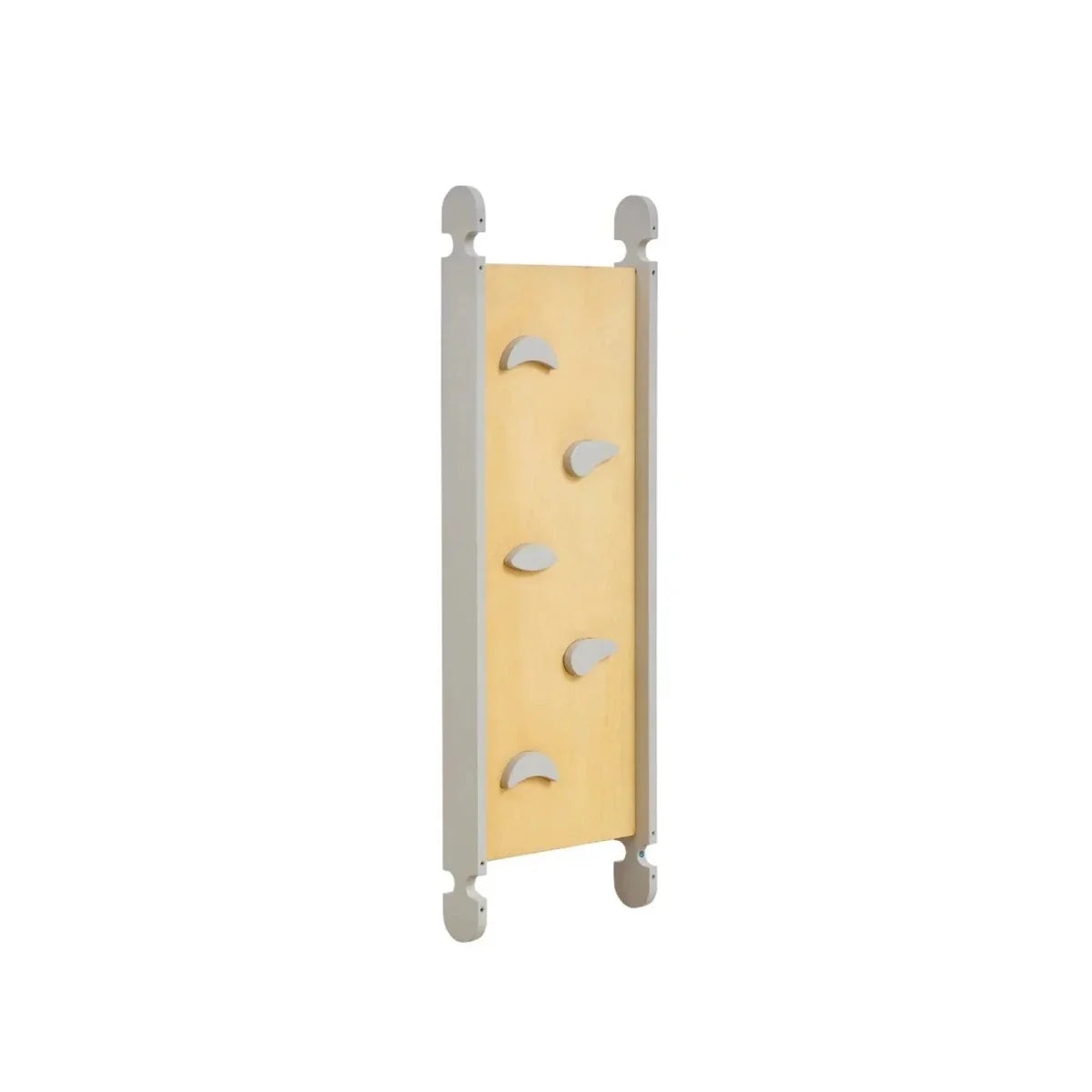 Montessori pikler climbing frame panel with pale beige wall and curved holds, grey sides