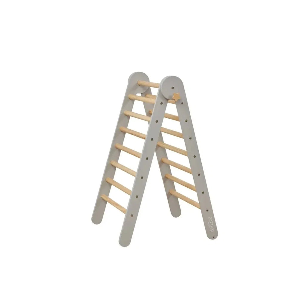 Montessori climbing frame A-frame with light wood ladder rungs and grey side supports