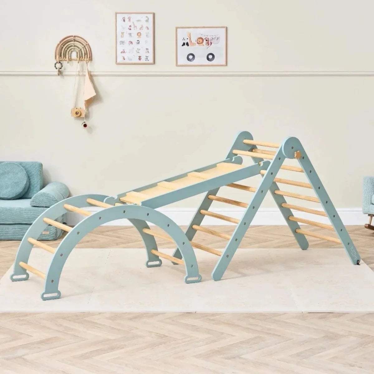 Ocean stone Pikler climbing frame with curved arch base and wooden rungs