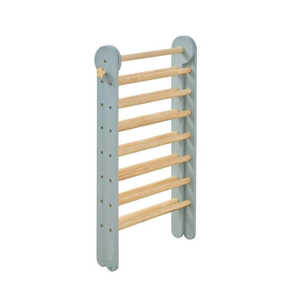 Ocean stone pikler climbing wall with vertical side panels and horizontal wooden rungs