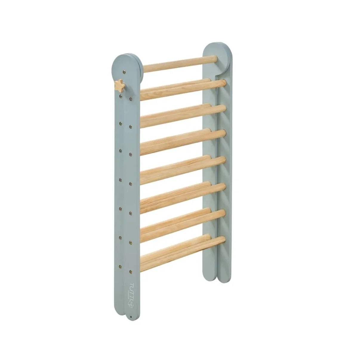 Ocean stone pikler climbing wall with vertical side panels and horizontal wooden rungs