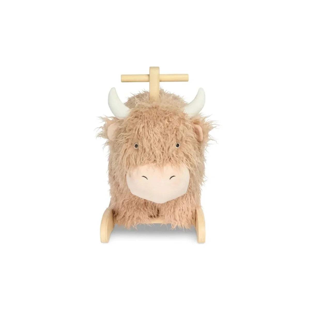 Highland cow rocking toy, front view: beige plush head and wooden crossbar handle.