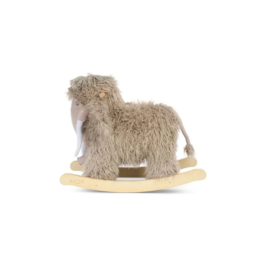 Gray plush woolly mammoth rocking toy, side view on curved wooden base.