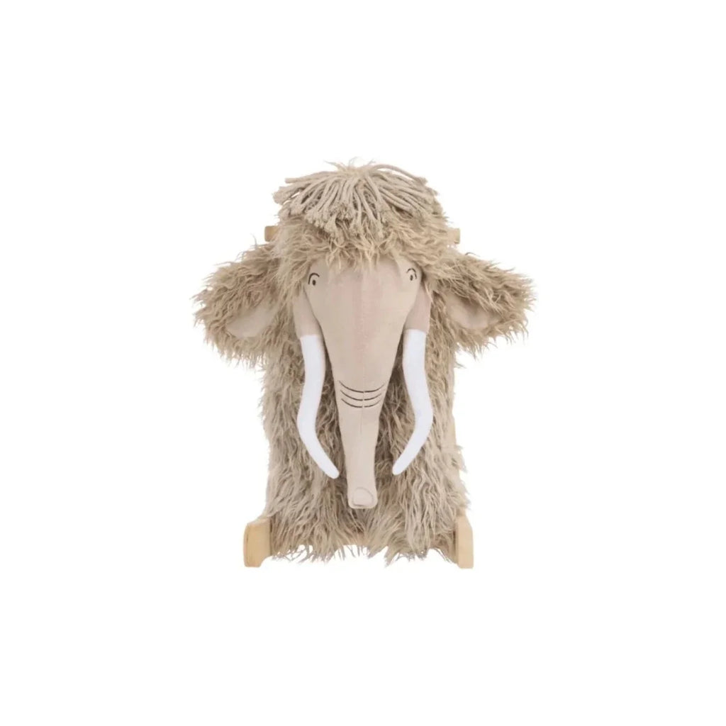 Gray plush woolly mammoth rocking toy with floppy ears and curved wooden base.