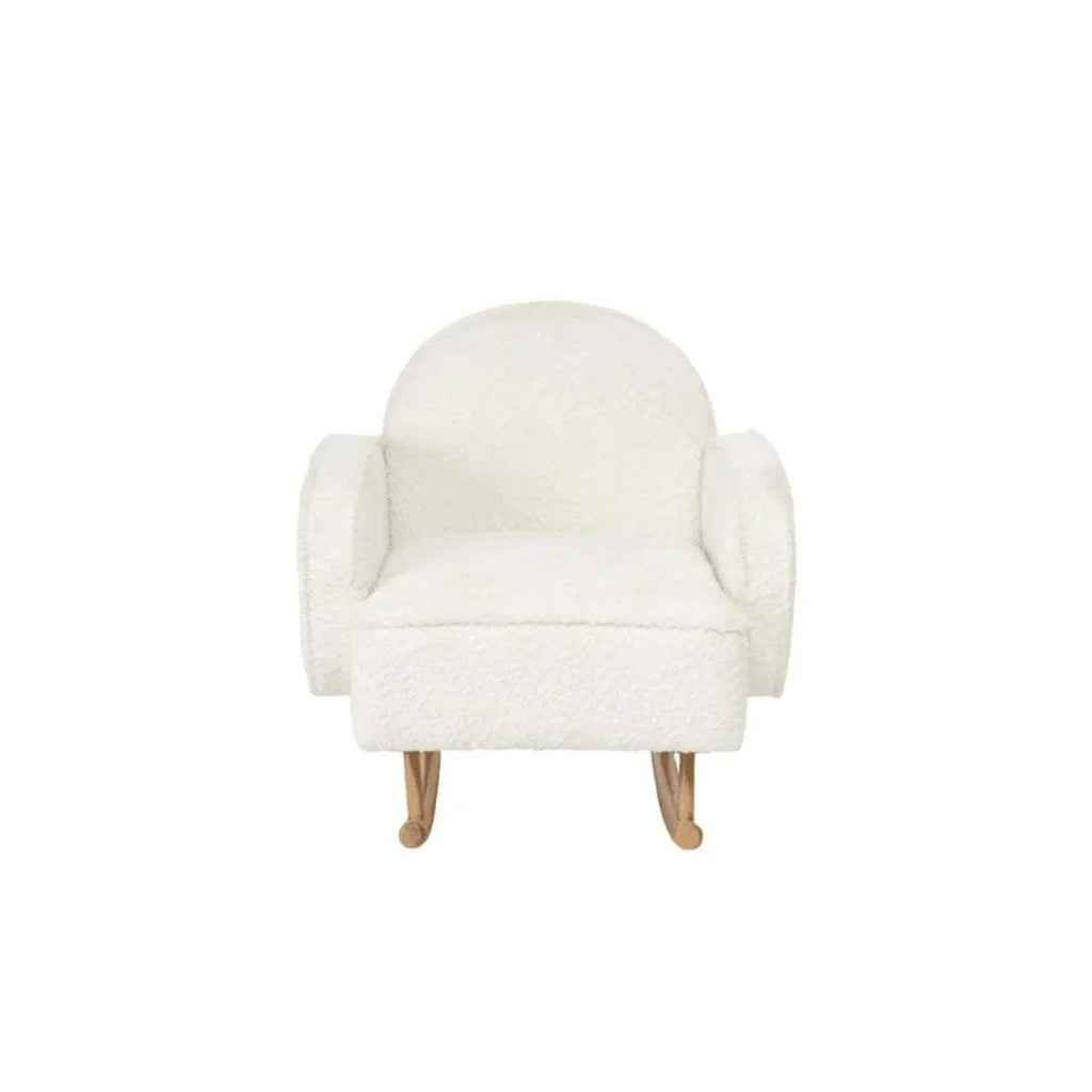 Cream upholstered kids rocking chair with padded armrests and rounded back