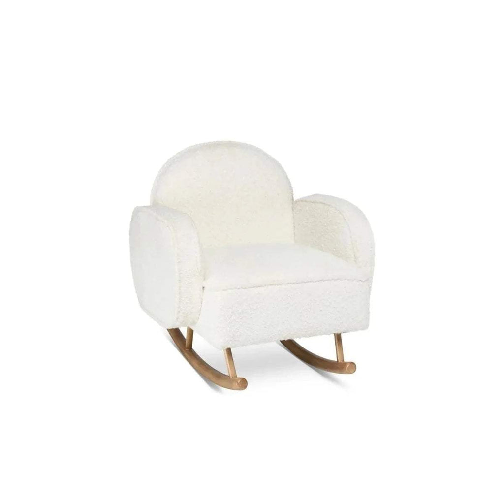 Cream kids rocking chair with rounded arms, curved rocker runners, and wooden legs
