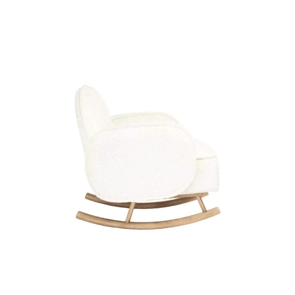 Cream mini rocking chair with plush seat, rounded back, and wooden curved rockers
