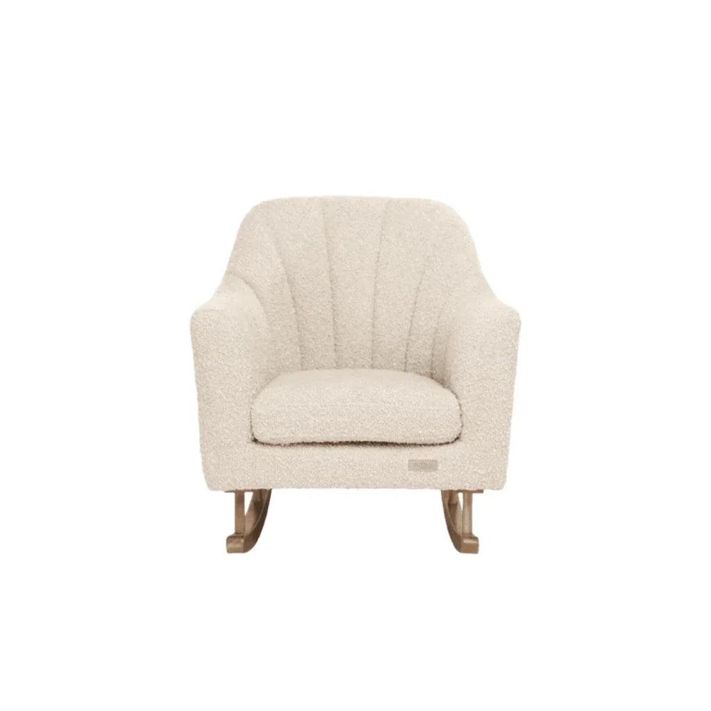 Children's light-cream boucle rocking chair with cushioned seat, arms, and wooden base