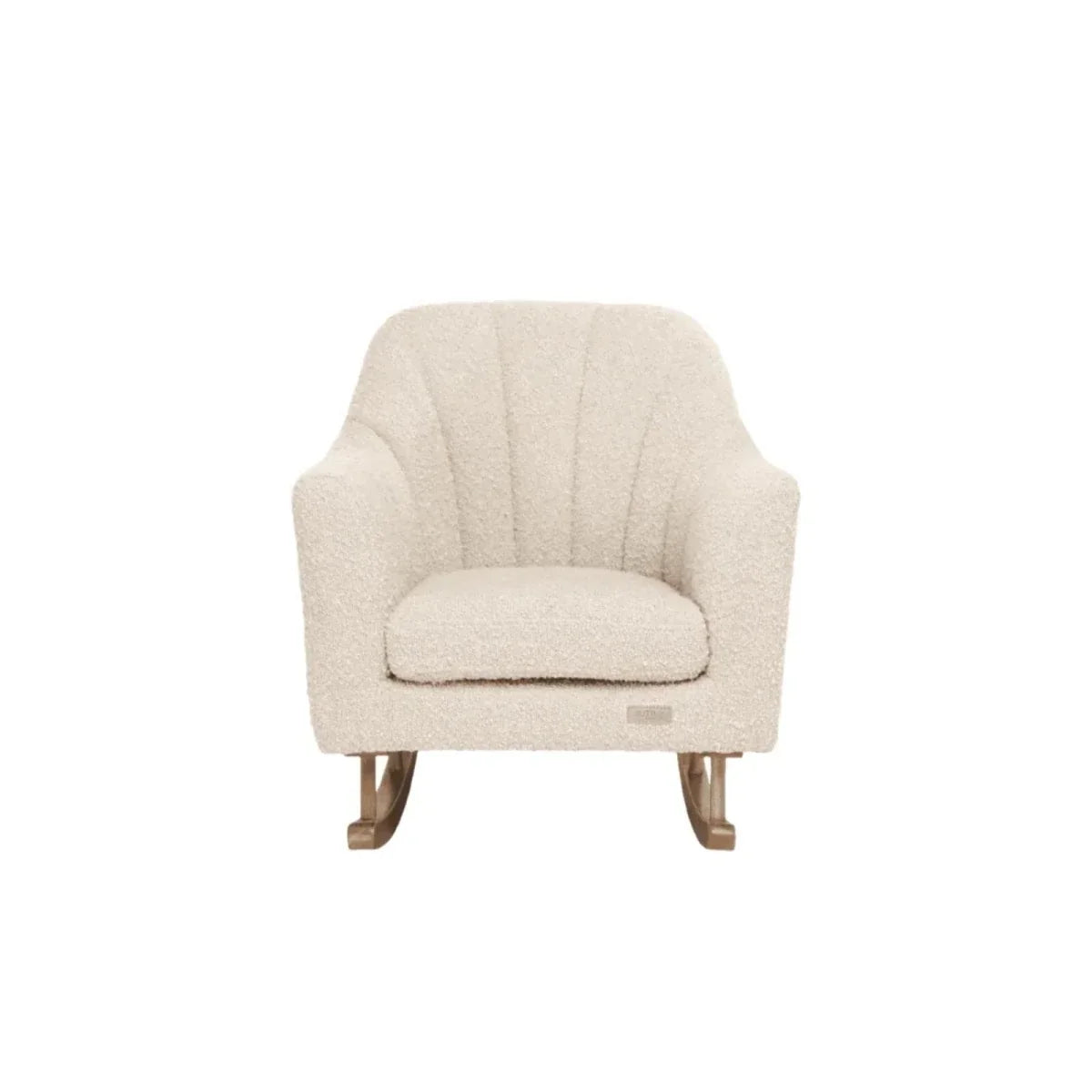Children's light-cream boucle rocking chair with cushioned seat, arms, and wooden base