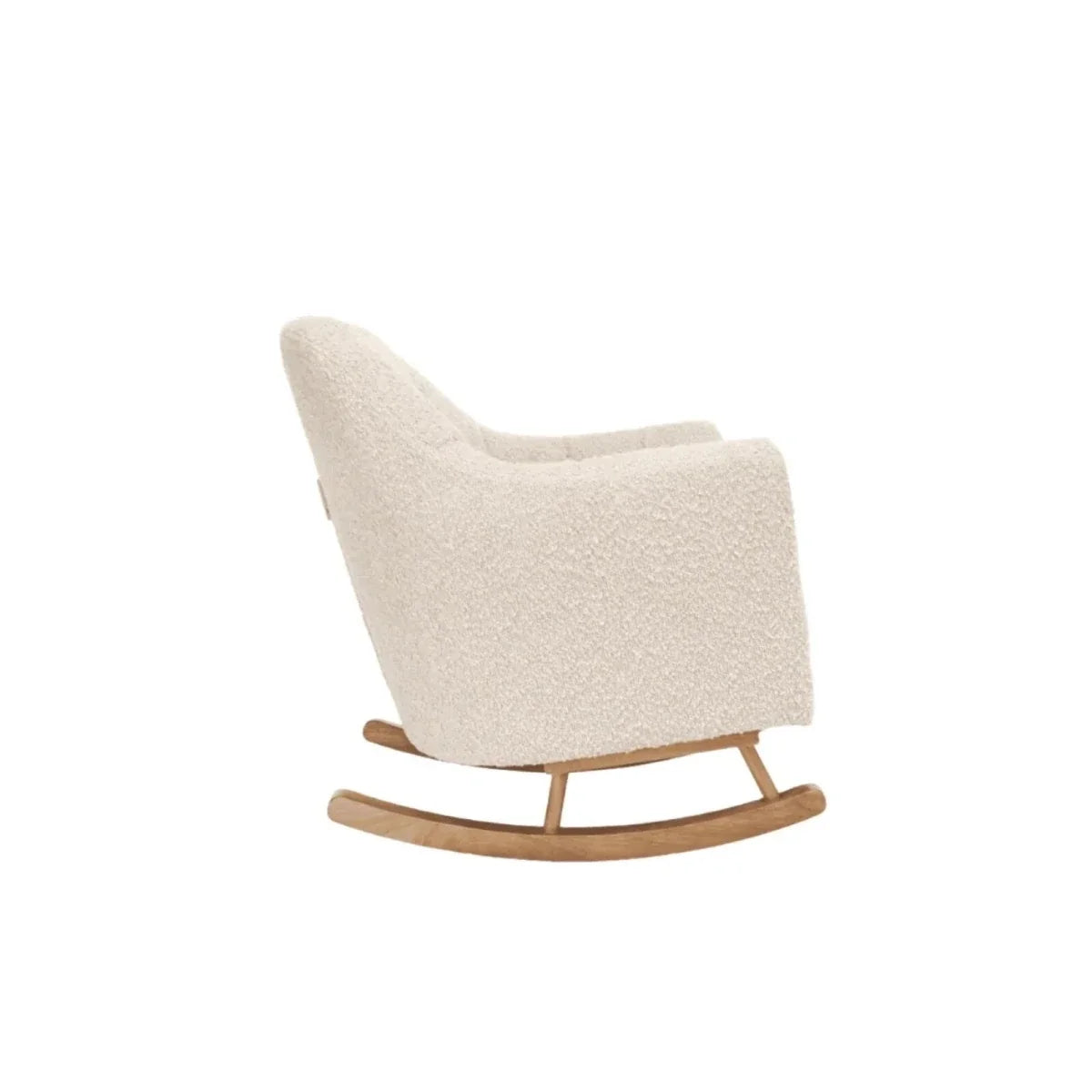 Light-cream boucle rocking chair with upholstered arms and curved wooden rocking base