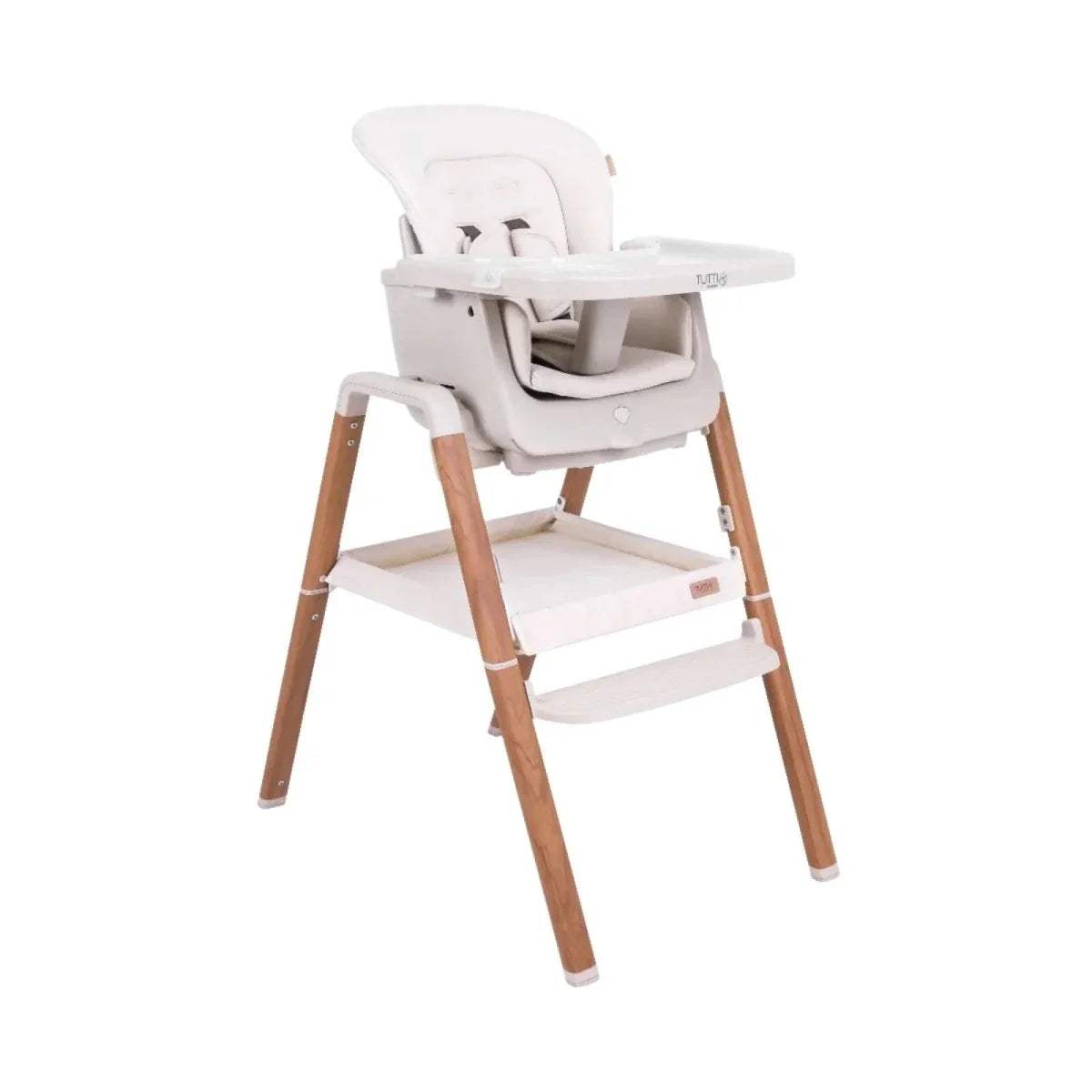 Tutti Bambini Nova highchair, ecru padded seat and back, light wood legs, front tray