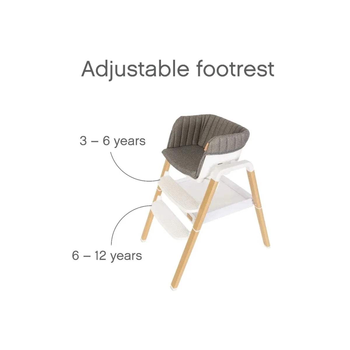 Tutti Bambini Nova highchair with adjustable footrest, ecru seat and dark gray cushion