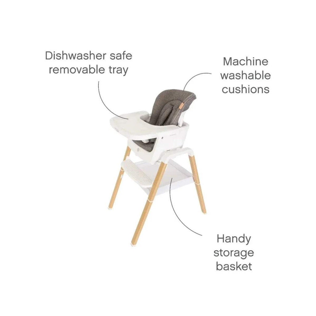 Tutti Bambini Nova highchair with ecru frame, removable tray, dark gray seat cushion