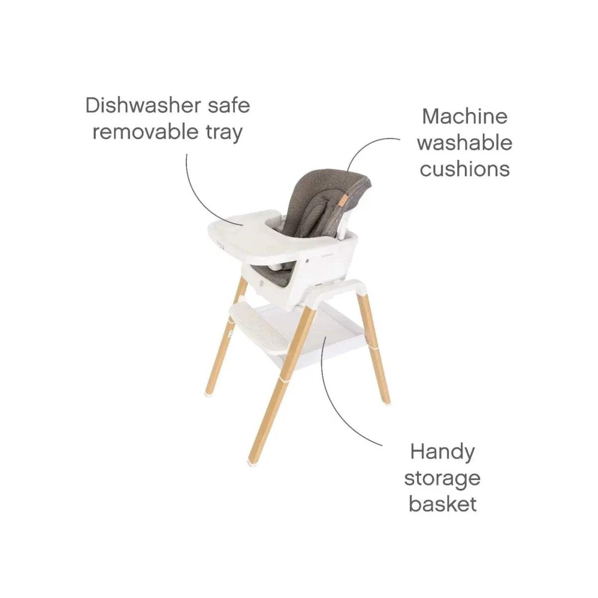 Tutti Bambini Nova highchair with ecru frame, removable tray, dark gray seat cushion